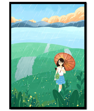 Girl with Umbrella in Rainy Meadow