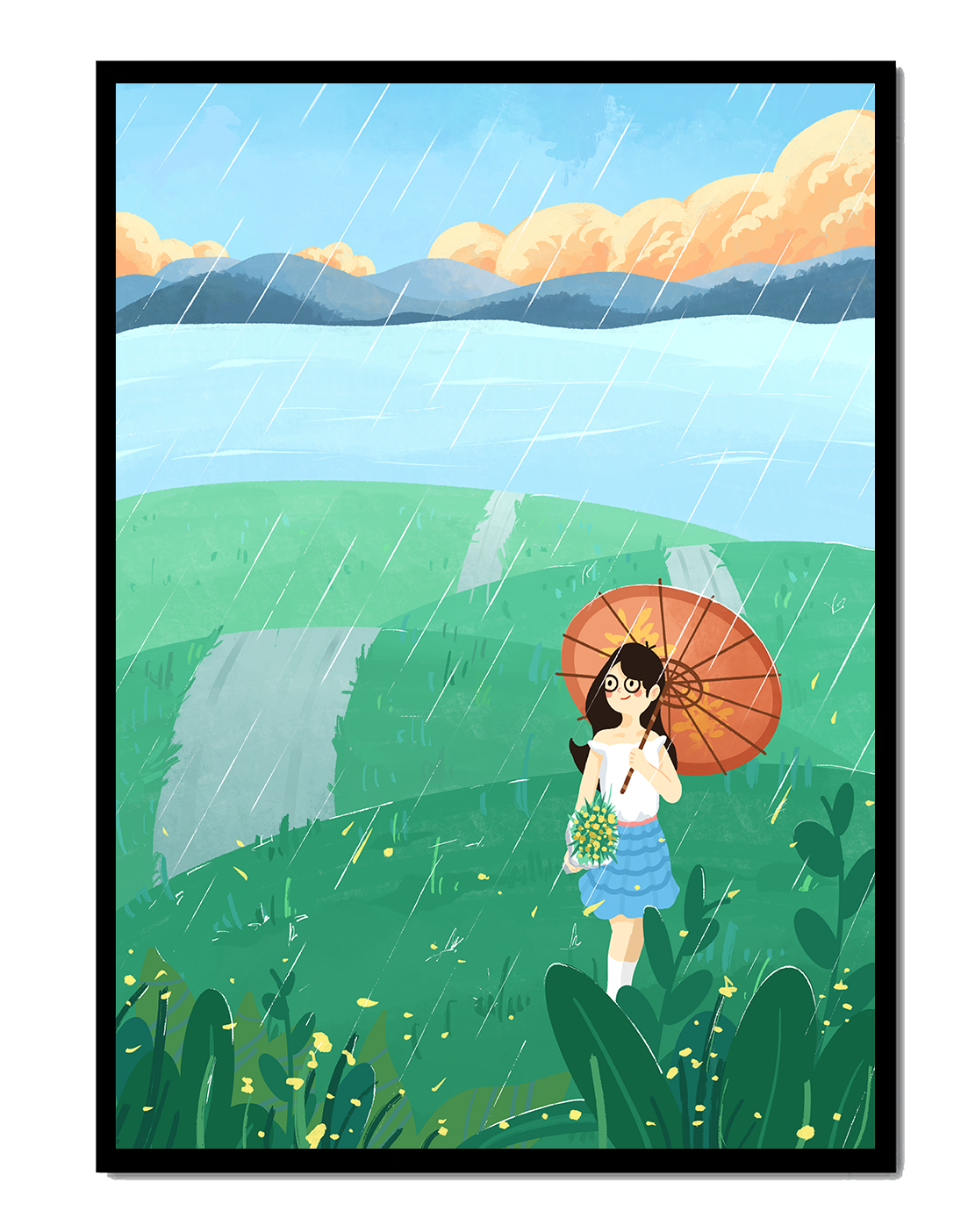 Girl with Umbrella in Rainy Meadow