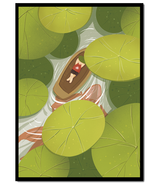 Person in boat among lush green lily pads