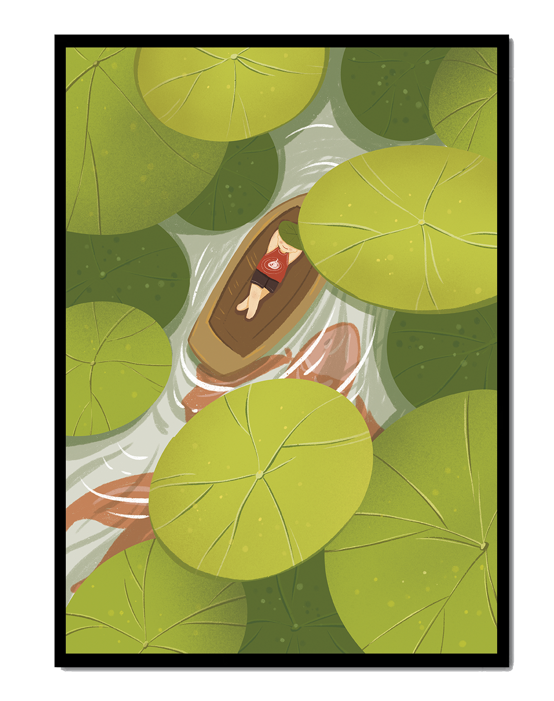 Person in boat among lush green lily pads