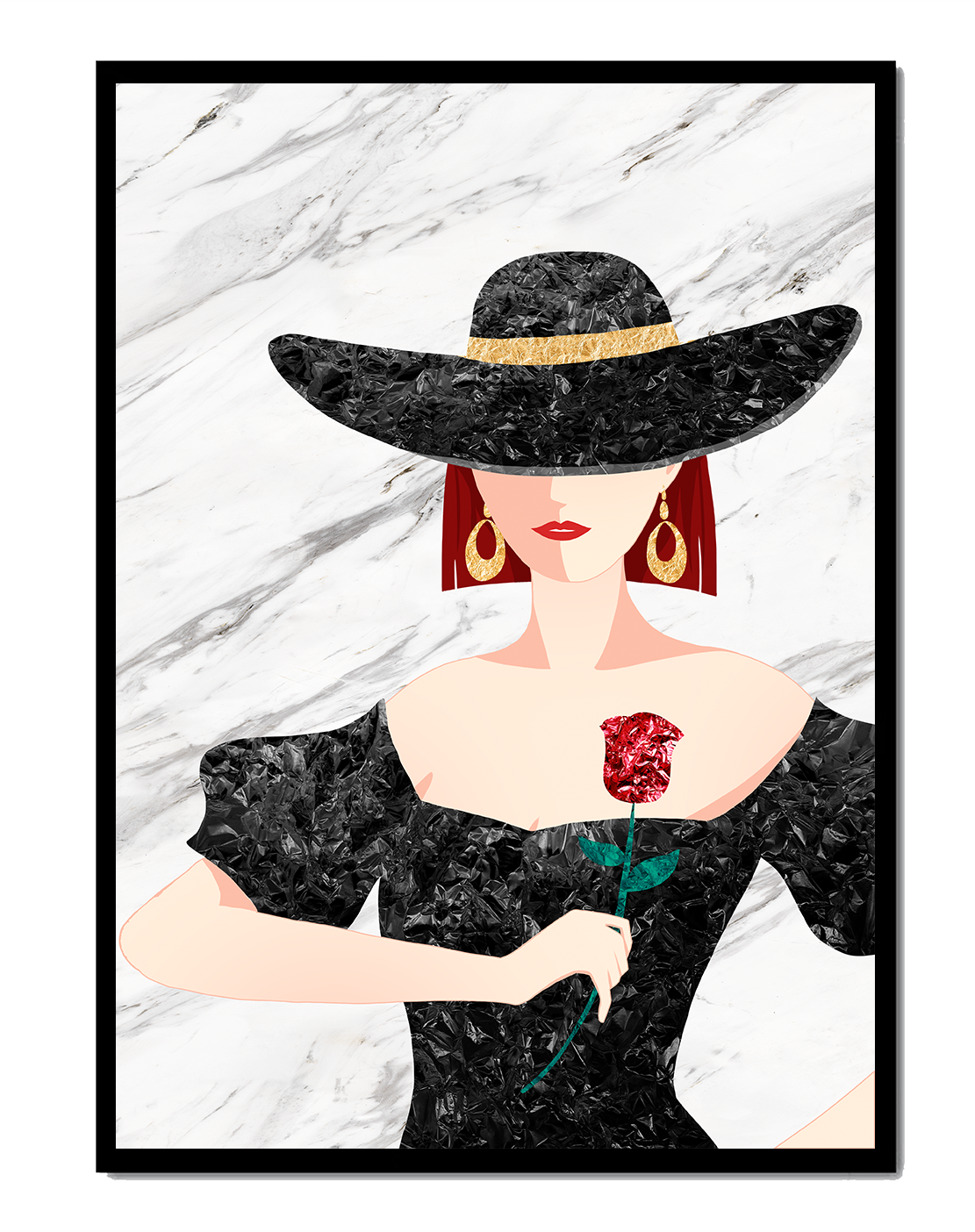 Elegant woman in wide-brimmed hat holding a rose on marble background