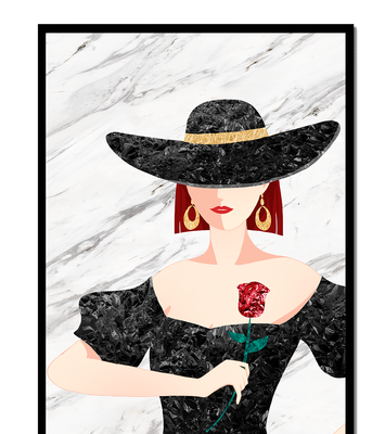 Elegant woman in wide-brimmed hat holding a rose on marble background