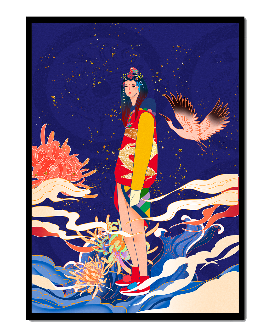 Elegant fusion of traditional and modern art with floral and avian elements