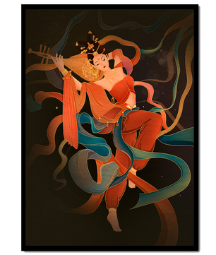 Elegant depiction of a goddess playing a lute with flowing ribbons
