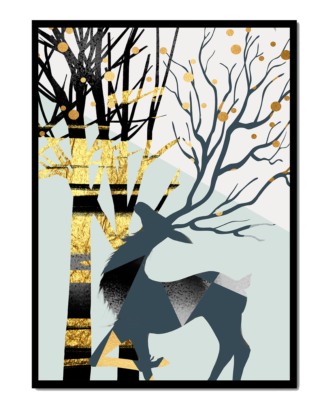 Abstract Deer Silhouette with Golden Accents and Trees