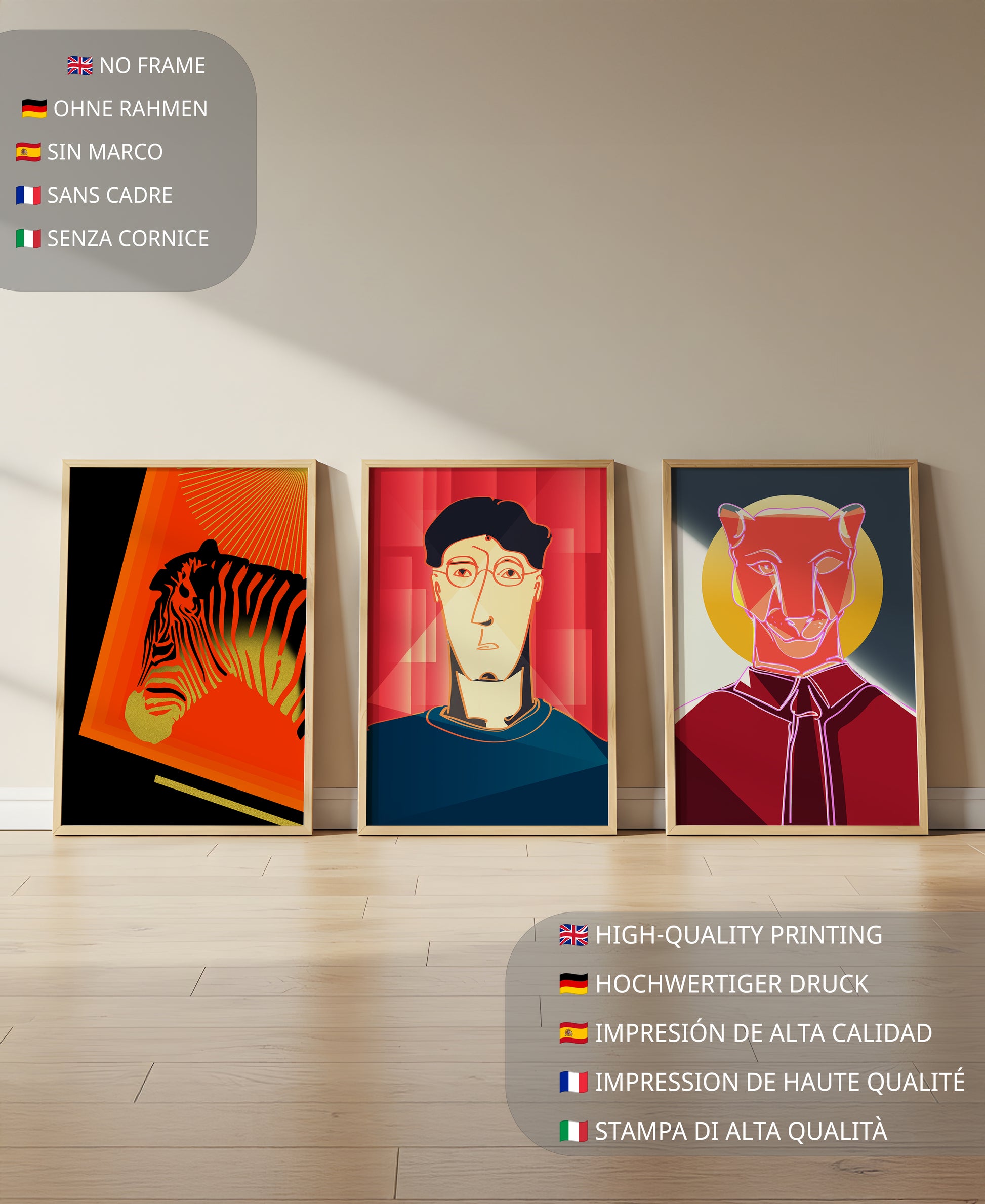 Art moderne avec zèbre, portrait géométrique et panthère