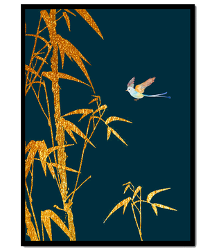 Goldener Bambus und Vogel vor tiefblauem Hintergrund