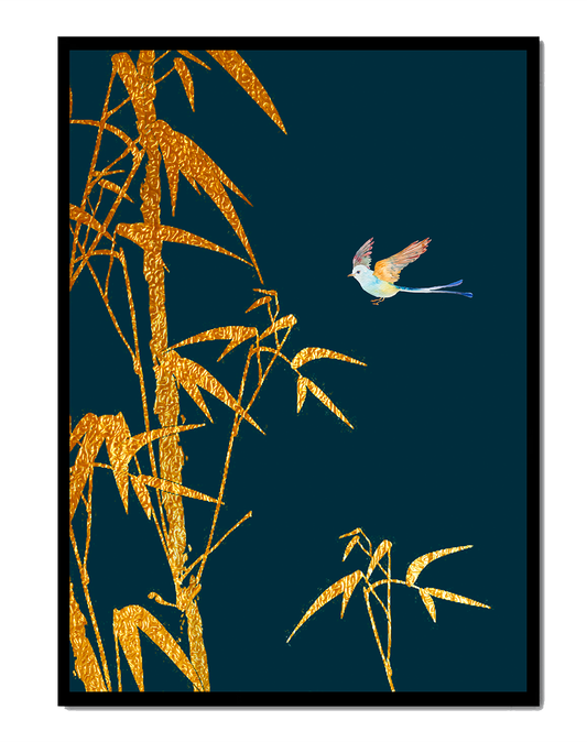 Golden bamboo and bird against a deep blue background