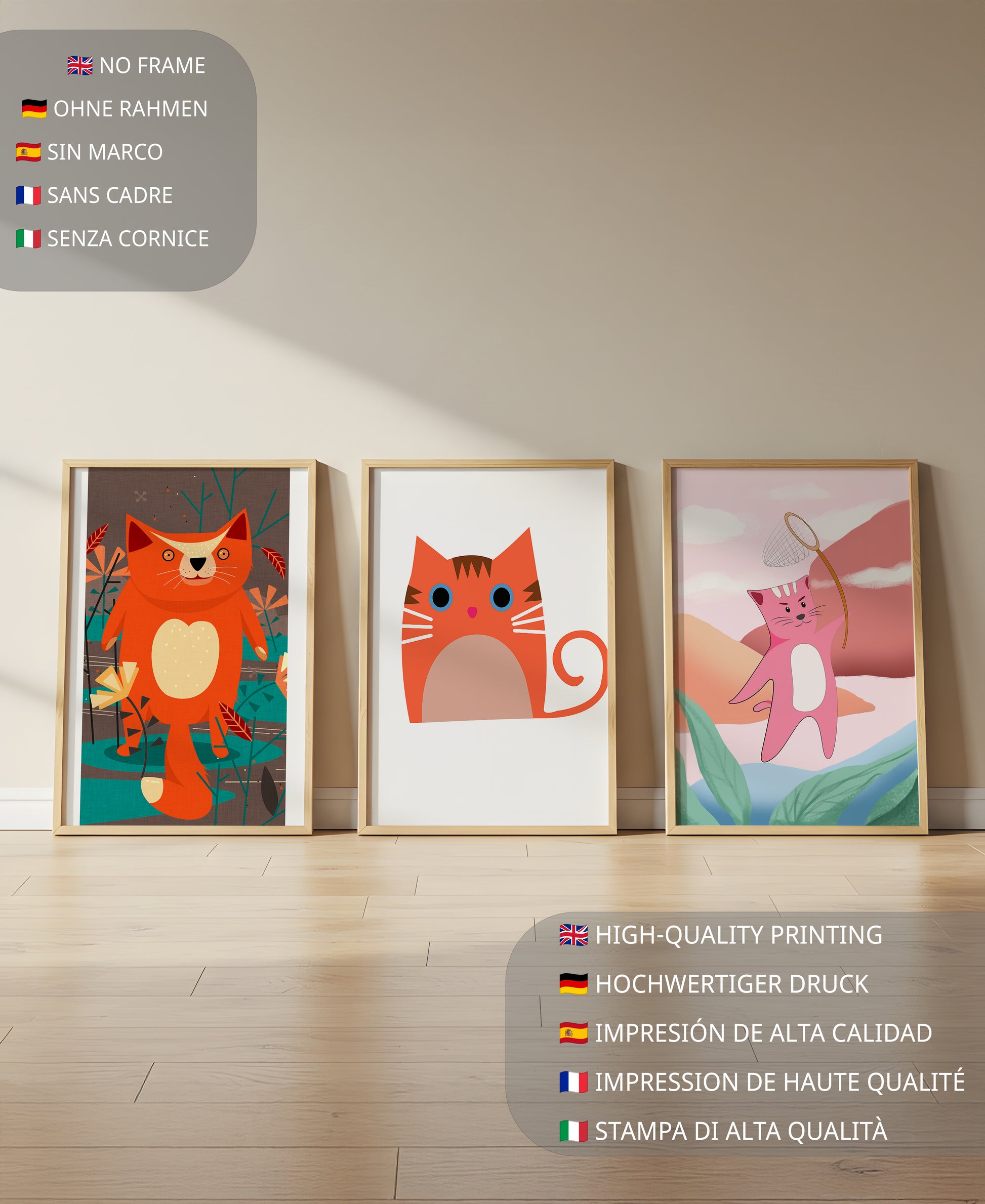 Tríptico De Ilustraciones De Gatos En Diseños Modernos