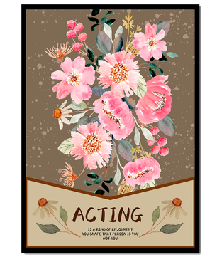 Ilustración acuarela floral con texto motivacional sobre un fondo marrón punteado