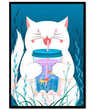 Playful cat with a fish tank tumbler in the underwater scene illustration
