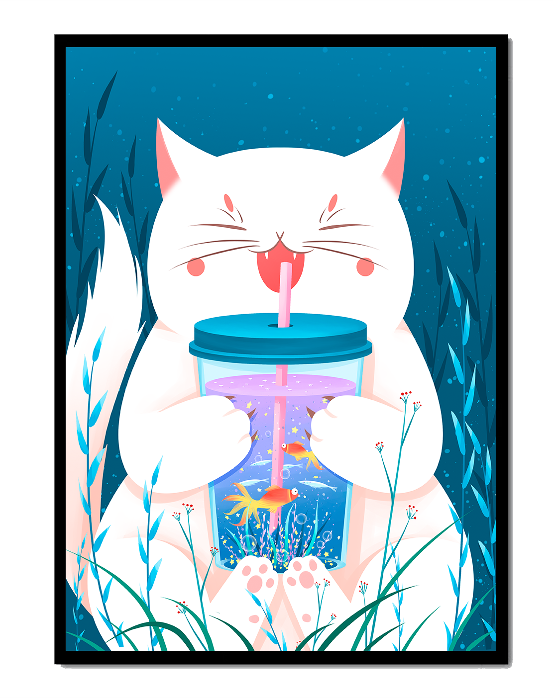 Playful cat with a fish tank tumbler in the underwater scene illustration
