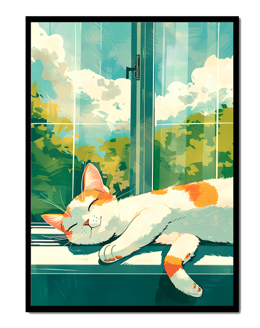 Peaceful Cat Napping by the Window with Sunlit Garden View
