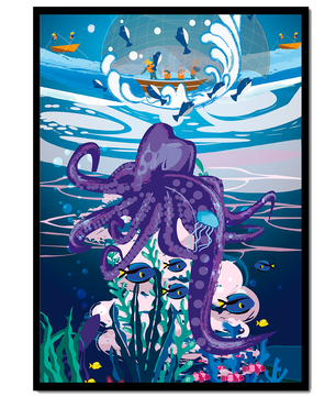 Colorful underwater scene with octopus and fishing boat above