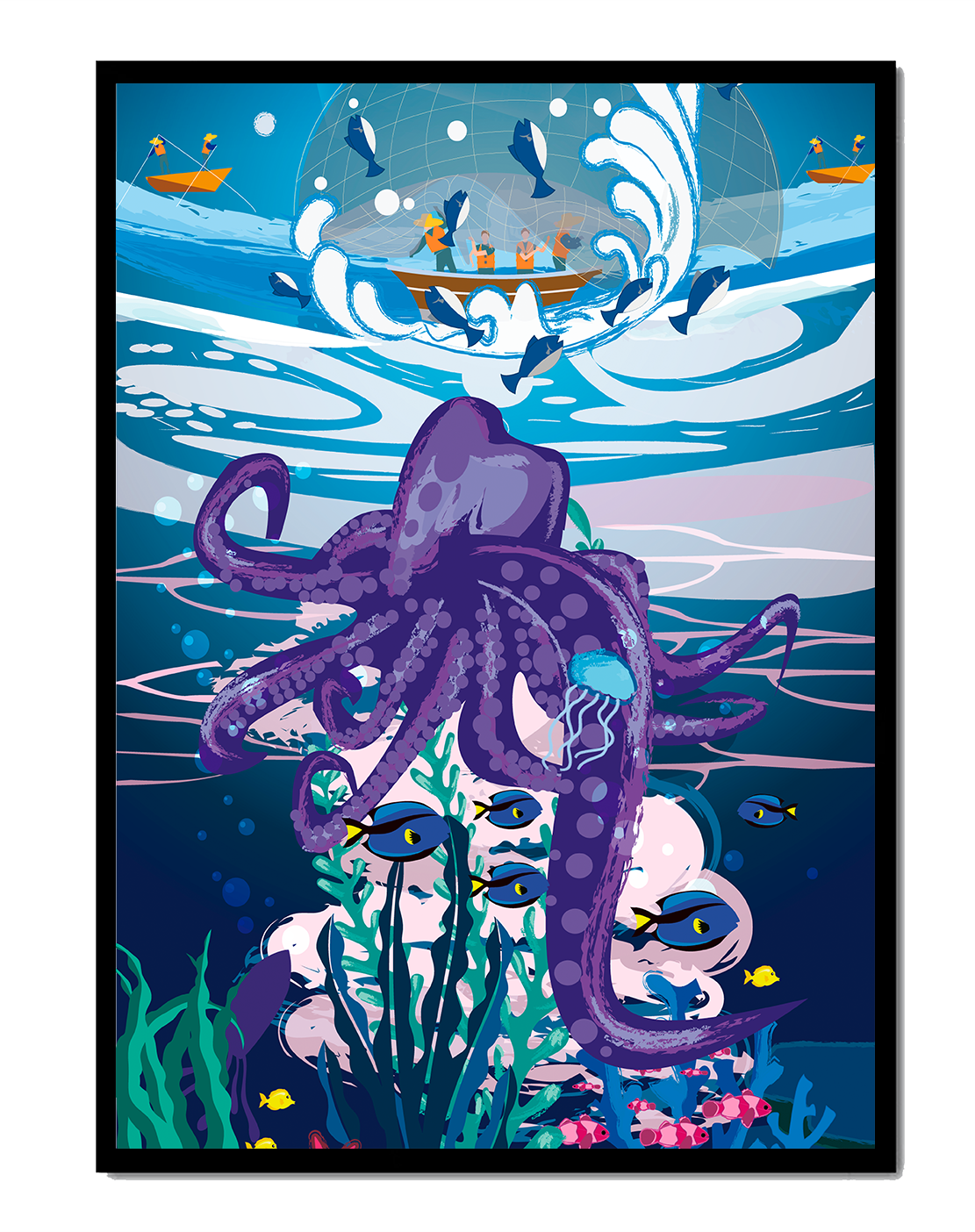 Colorful underwater scene with octopus and fishing boat above