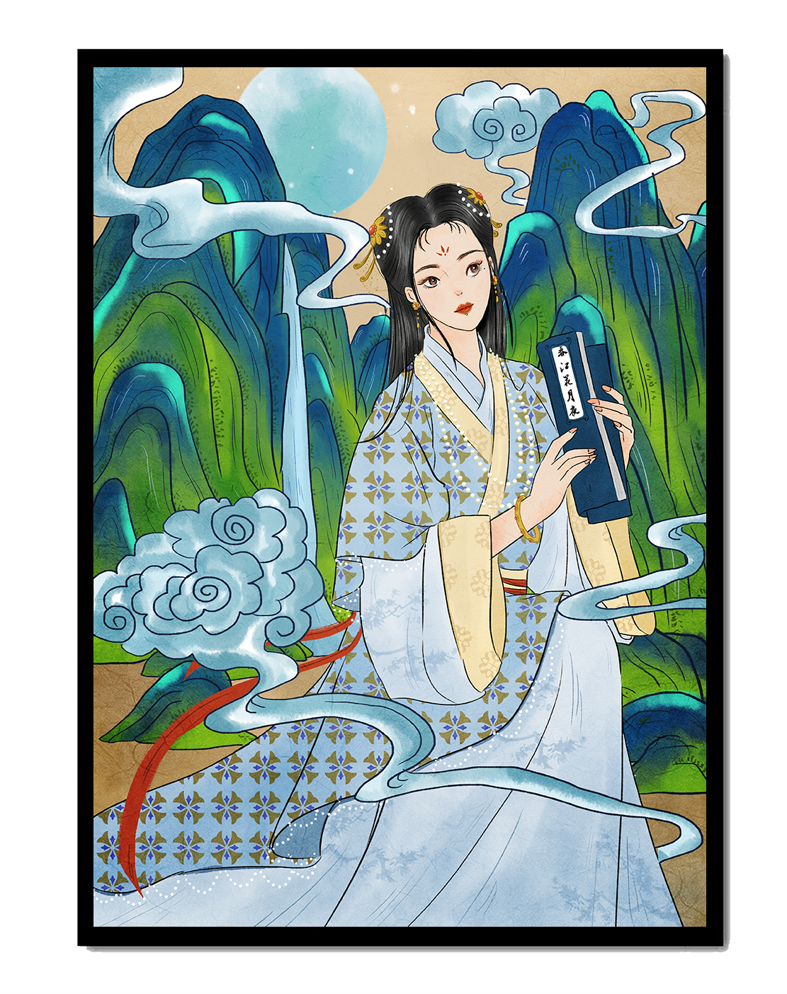 Portrait of a Woman in Traditional Dress with Mountains and Clouds
