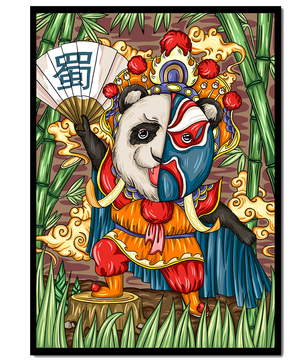 Colorful panda dressed in traditional Chinese opera costume surrounded by bamboo