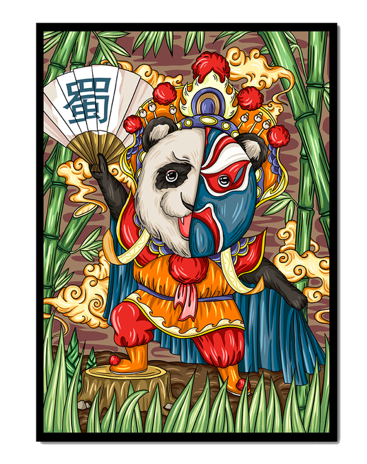 Colorful panda dressed in traditional Chinese opera costume surrounded by bamboo