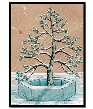Paisaje invernal con ilustración de árbol bonsái cubierto de nieve