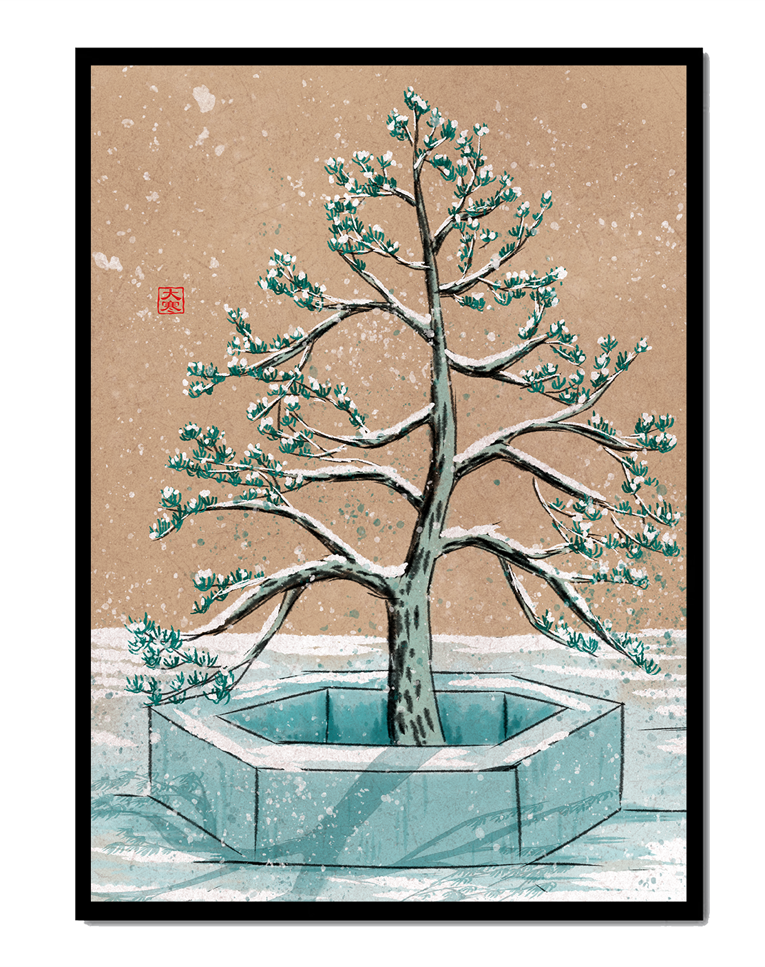 Paisaje invernal con ilustración de árbol bonsái cubierto de nieve