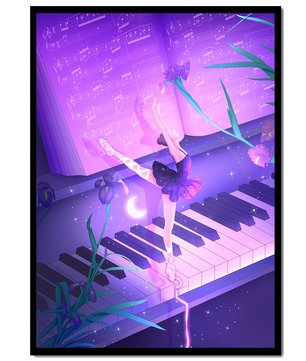 Graceful Ballerina Dancing on Piano Amidst Flowers and Musical Notes