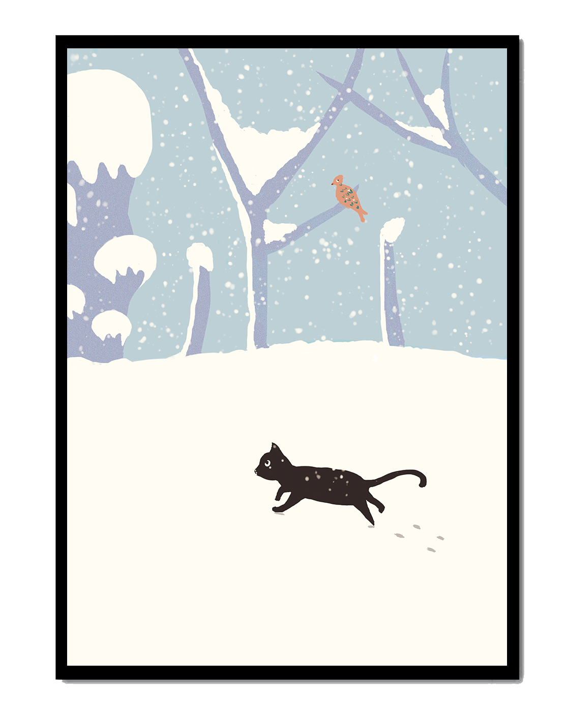 Illustrated snowy landscape with playful black cat and bird in winter scenery
