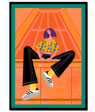 Stylish woman sitting in a vibrant geometric setting