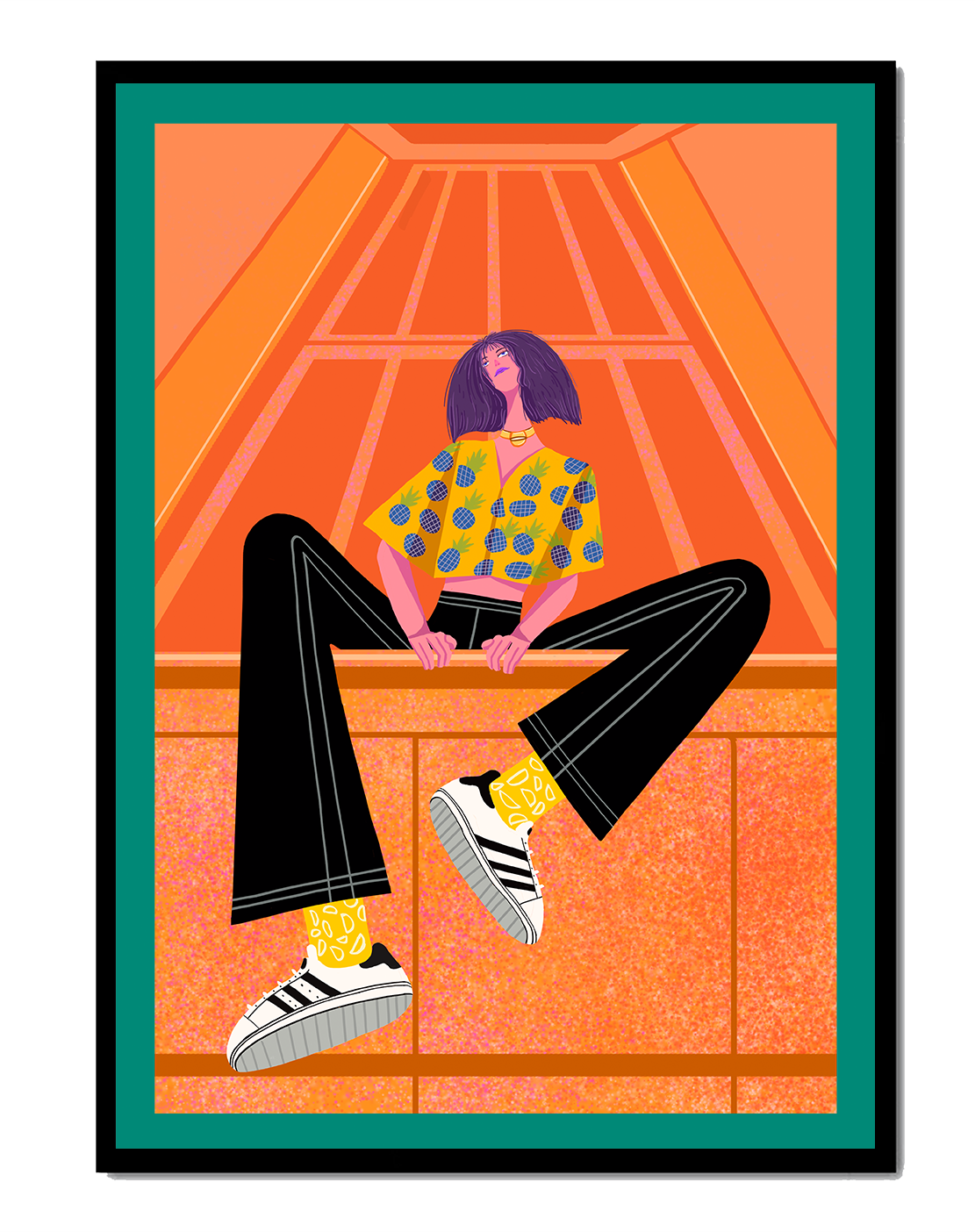 Stylish woman sitting in a vibrant geometric setting