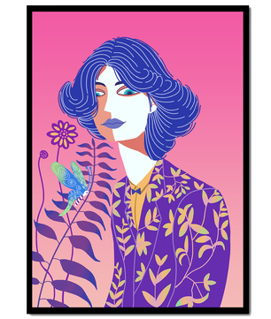 Retrato estilizado de una mujer con cabello azul y patrón botánico