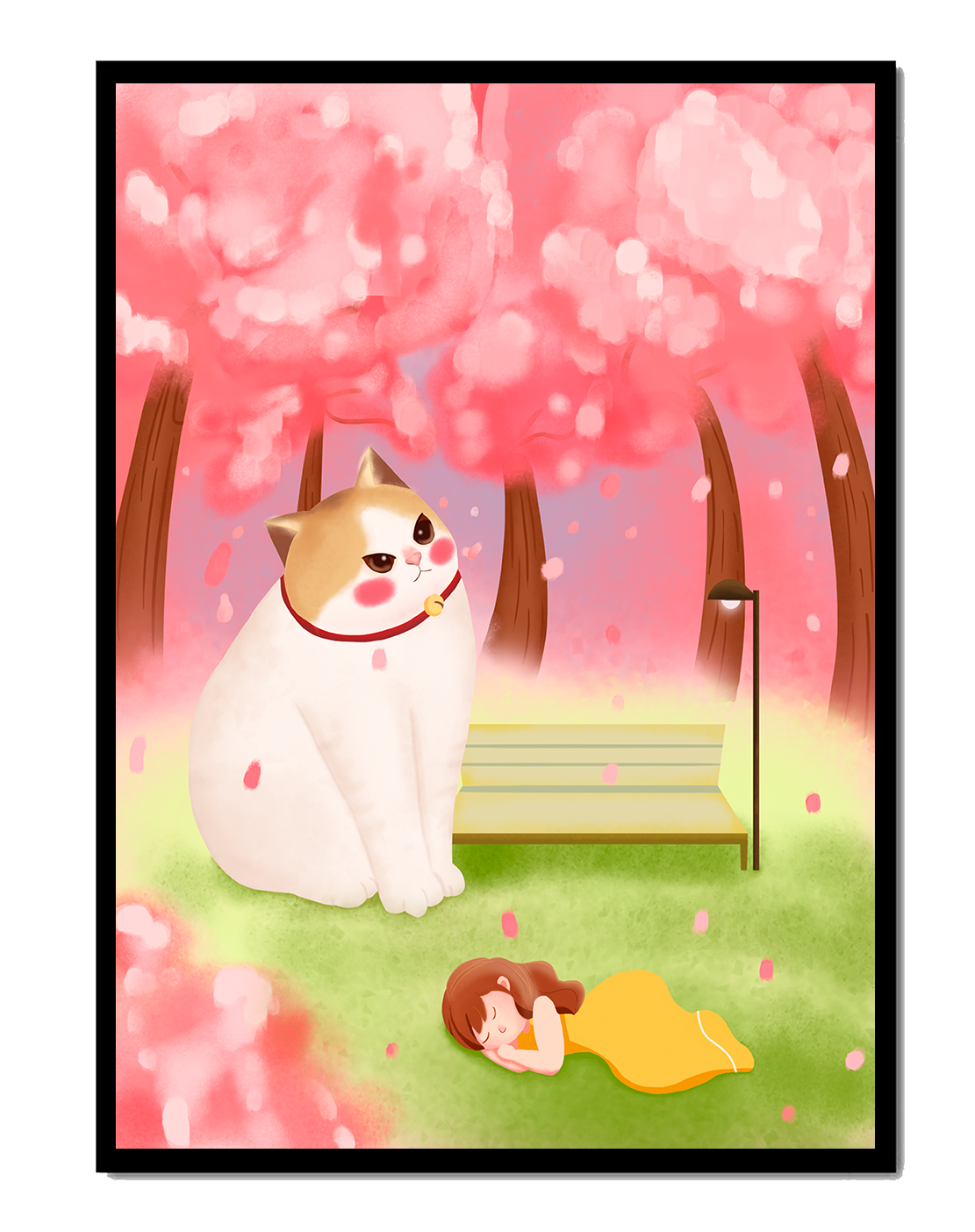 Whimsical scene with giant cat and girl under cherry blossoms