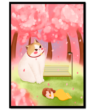 Whimsical scene with giant cat and girl under cherry blossoms