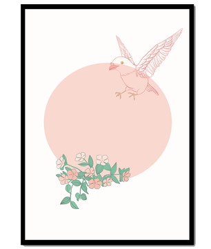 Pájaro pastel con elementos florales en estilo minimalista