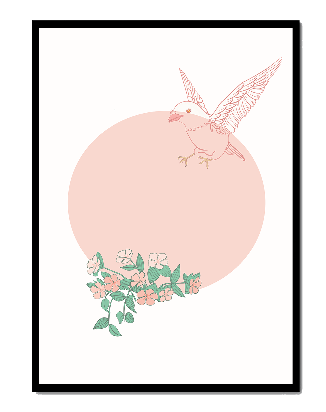 Pájaro pastel con elementos florales en estilo minimalista