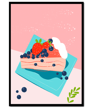 Bunte Dessertillustration mit Erdbeeren und Blaubeeren auf pastellfarbenem Hintergrund