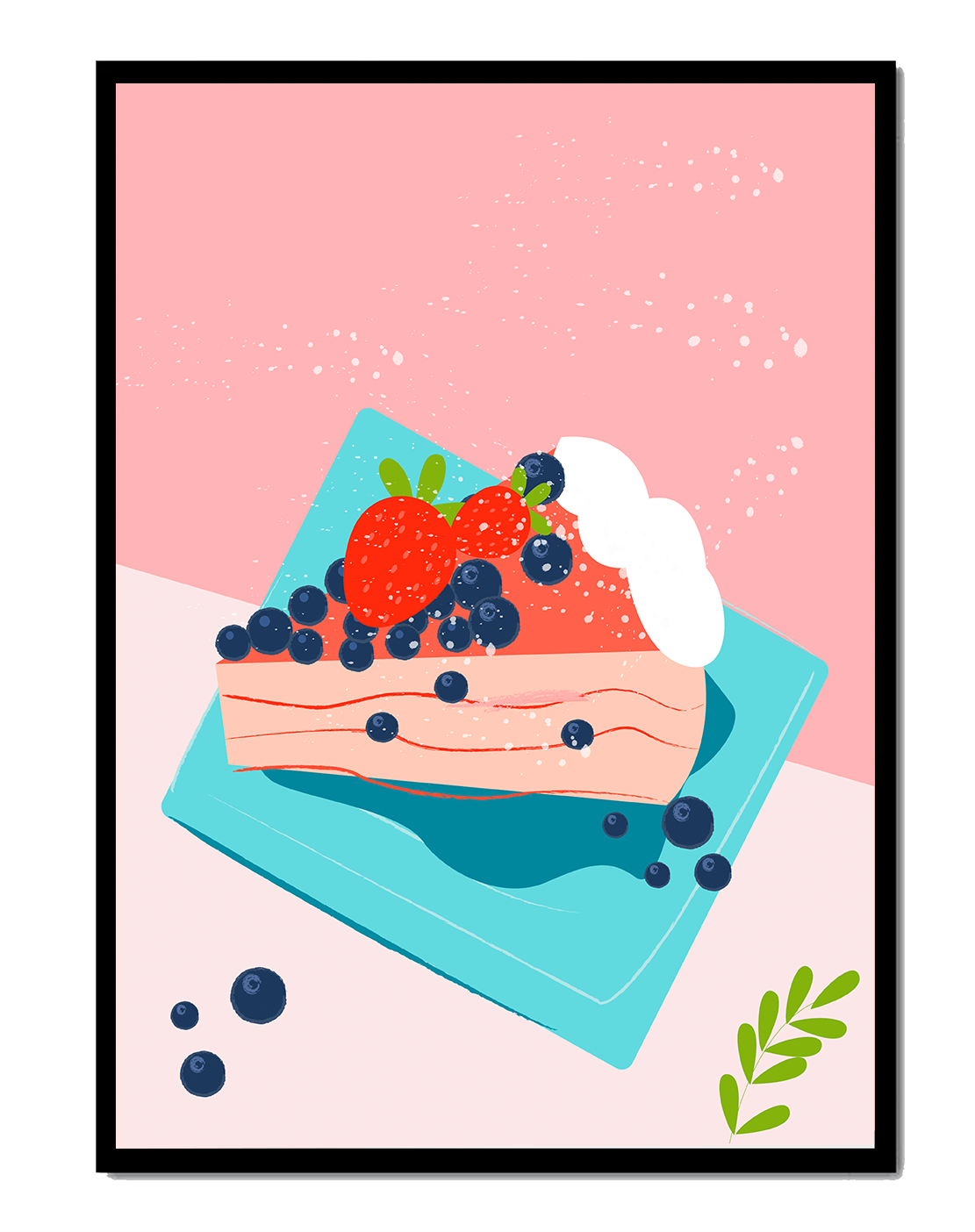 Bunte Dessertillustration mit Erdbeeren und Blaubeeren auf pastellfarbenem Hintergrund