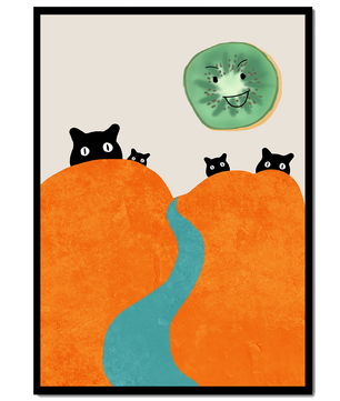 Playful Cats and Smiling Kiwi in Vibrant Hills