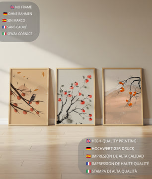 Conjunto de Obras de Arte con Ramas y Frutas en Estilo Oriental