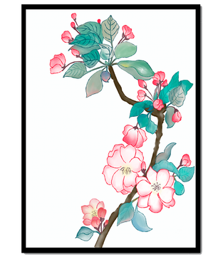 Rama delicada de cerezo en flor a la acuarela con hojas y flores vibrantes