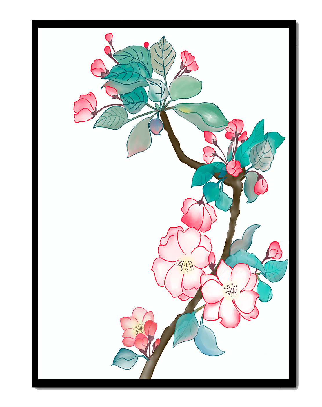 Rama delicada de cerezo en flor a la acuarela con hojas y flores vibrantes