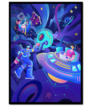 Futuristic Space Adventure Illustration with Robots and Technology