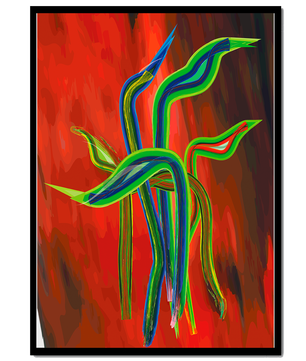Abstract colorful wave-like shapes with vibrant red background