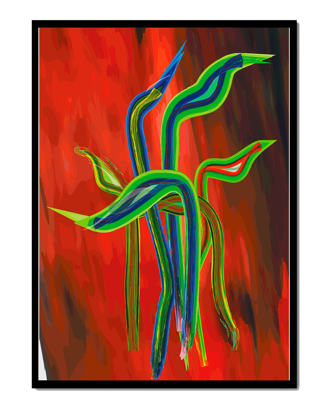 Abstract colorful wave-like shapes with vibrant red background