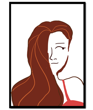 Ilustración estilizada de una mujer con cabello fluyendo y diseño minimalista