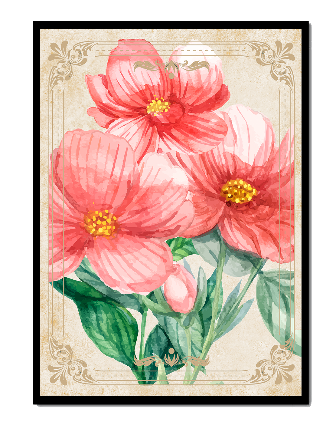 Watercolor floral illustration with pink blooms and green foliage