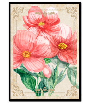 Watercolor floral illustration with pink blooms and green foliage