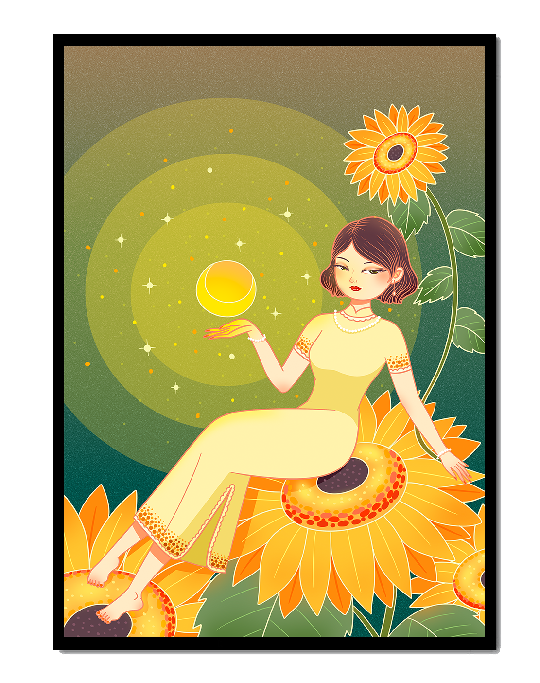 Elegant woman sitting on sunflowers in a celestial scene