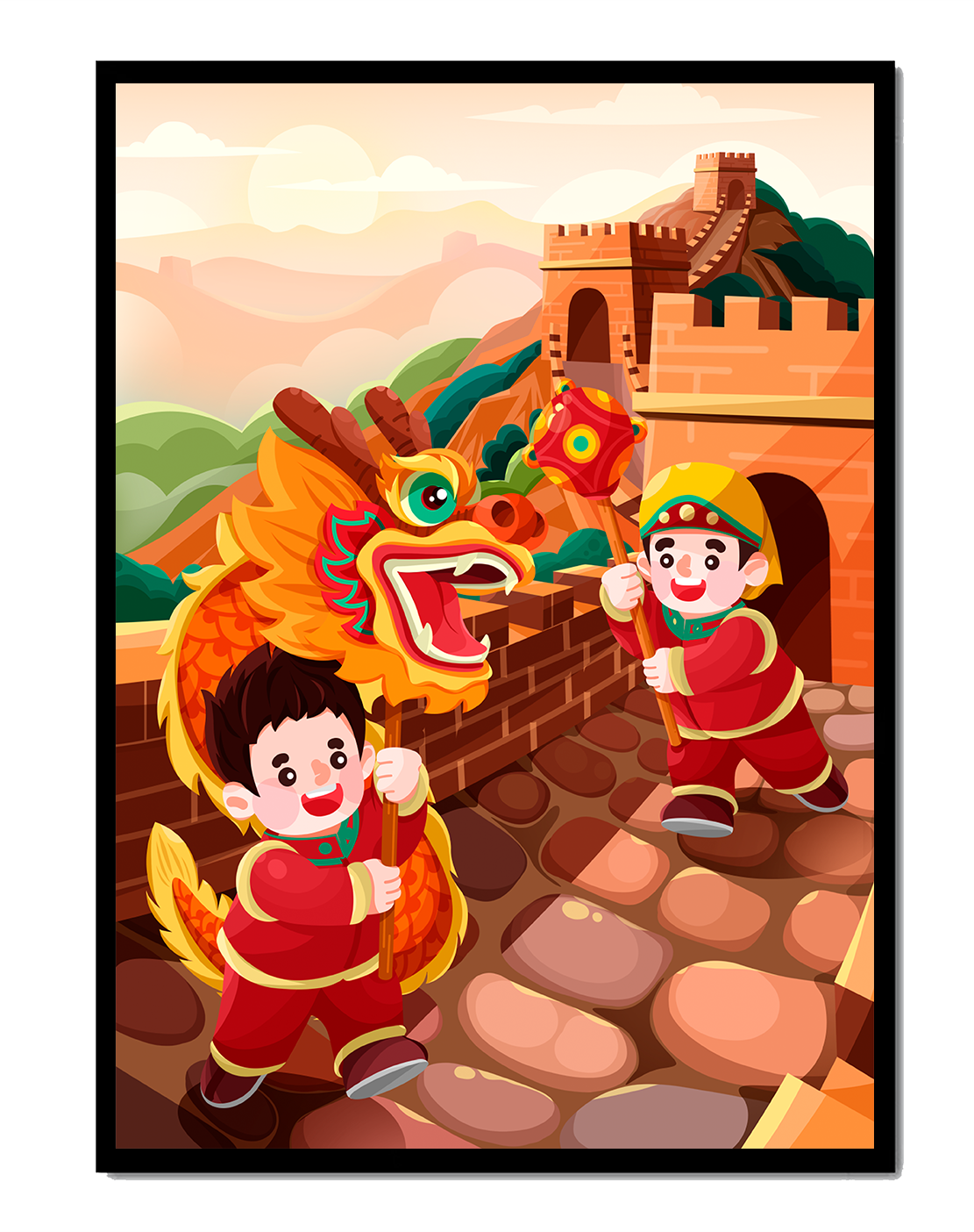 Children celebrating with dragon dance at the Great Wall