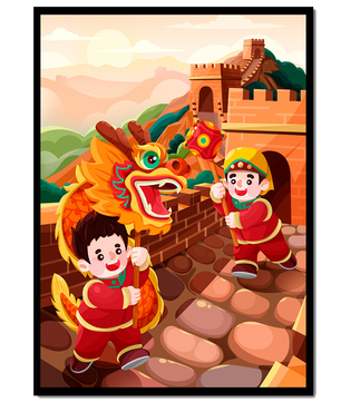 Children celebrating with dragon dance at the Great Wall