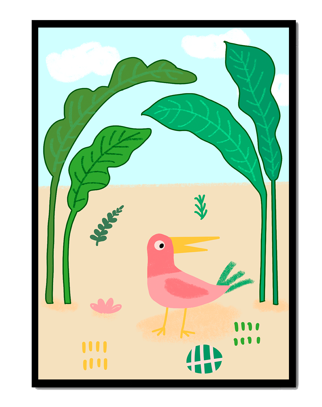 Colorful bird with large leaves and playful design