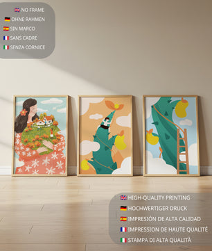 Ensemble de trois tableaux avec des illustrations colorées